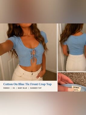 Cotton On Blue Tie Front Crop Top | Ribbed | XS | Baby Blue Summer Top